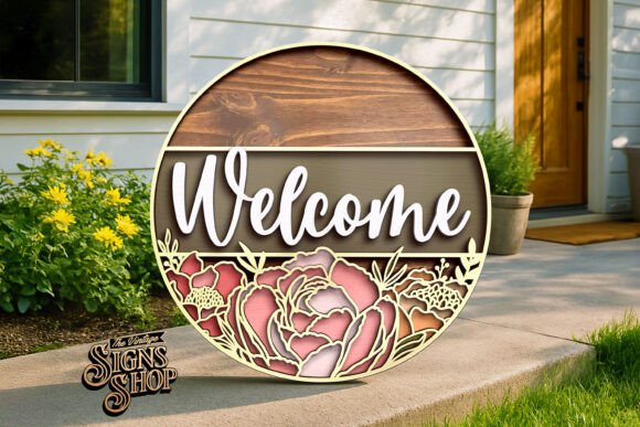 Download Welcome Peonies Door Hanger Laser SVG - Door hanger Collection