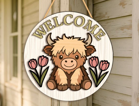 Download Cute Highland Cow Welcome Door Hanger - Door hanger Collection